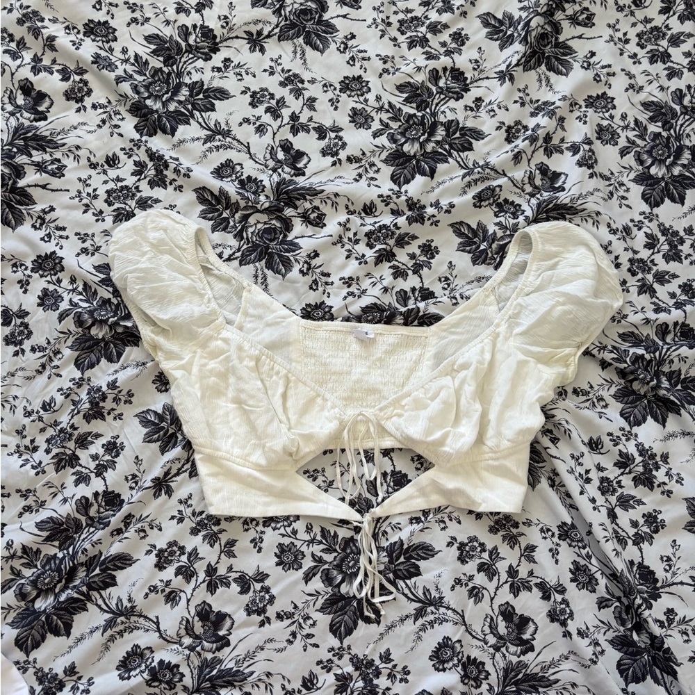 Garage Cream Cropped Blouse with Puff Sleeves and Tie Front